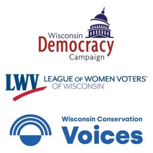 Wisconsin Democracy Campaign logo, League of Women Voters of Wisconsin logo, Wisconsin Conservation Voices logo